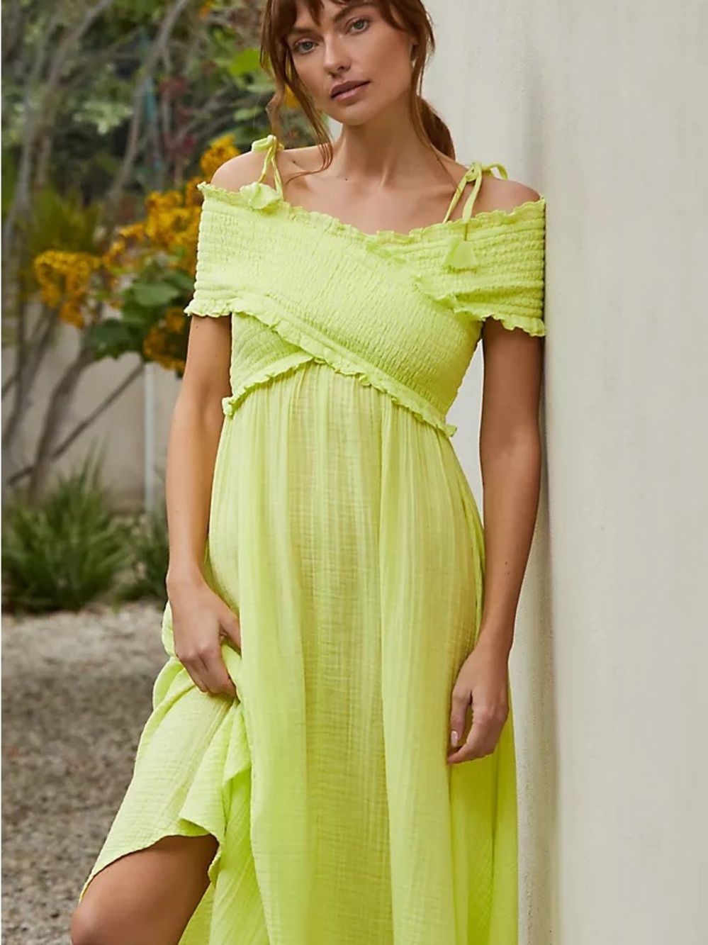 NWT By Anthropologie Smocked Gauze Criss-Cross Dress in Lime